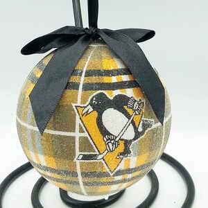 Pittsburgh Penguins Orange and Black Plaid Lighted Ornament